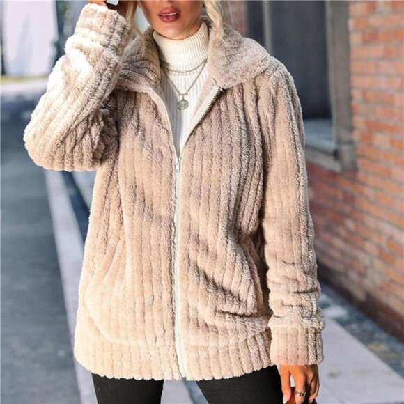 Women's Fleece Jacket Full Zip Long Sleeve Lapel Collar Sherpa Coat with Pockets - Picture 2 of 6